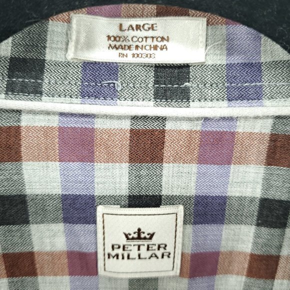 Peter Millar 100% Cotton Check Plaid Button Down Shirt L Gray/Red - Picture 3 of 16